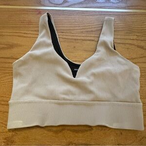 Body Language Ribbed Sports Bra Size S Beige Longline V Neck